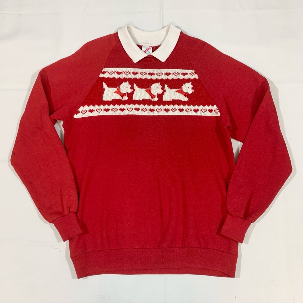 Vtg Jerzees Adult Unisex Large Sweatshirt Collared Scottie Terrier Dog Holiday